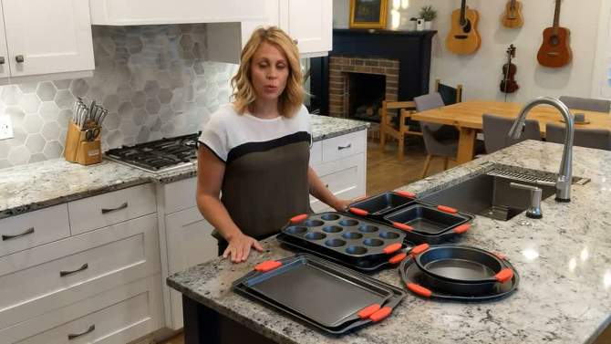 NutriChef Kitchen Oven Non Stick Gray Coating Carbon Steel 8 Piece Bakeware Set with Heat Resistant Red Silicone Handles, 2 of 7, play video