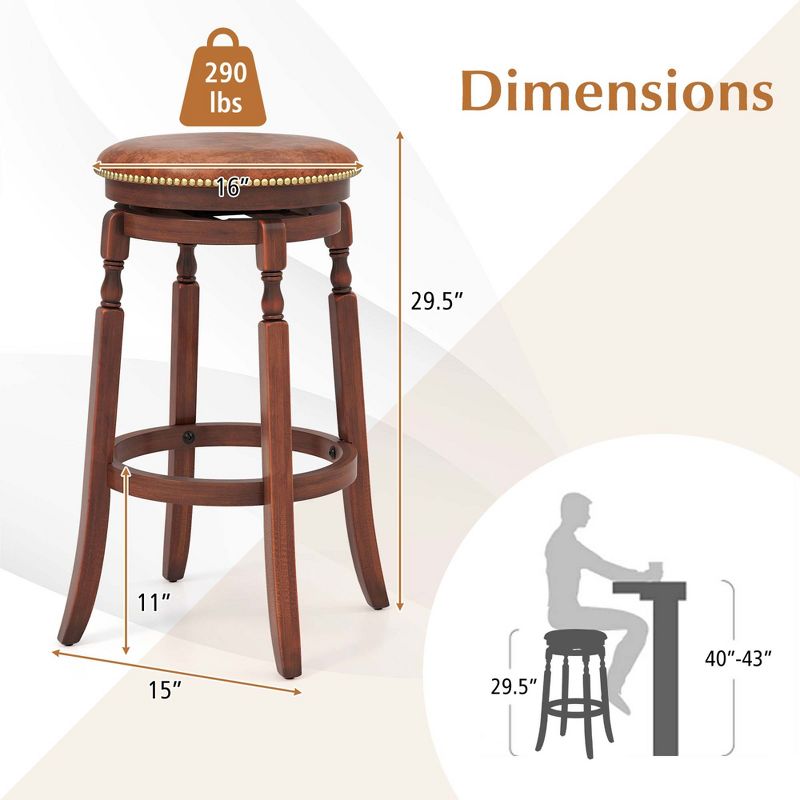 Costway 29" Swivel Bar Stool Set of 2/4 with Upholstered Seat & Rubber Wood Frame Round Walnut, 3 of 8