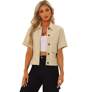 Allegra K Women's Casual Linen Turndown Collar Short Sleeve Lightweight Button Down Jacket - 1 of 4