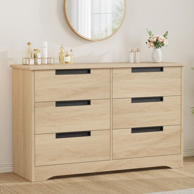 6 Drawer Dresser for Bedroom, Natural Double Dresser Organizer with Embedded Handles Design, Wooden Chest of Drawers for Living Room Nursery Hallway