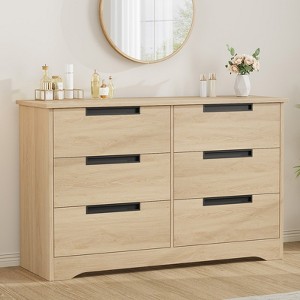 6 Drawer Dresser for Bedroom, Natural Double Dresser Organizer with Embedded Handles Design, Wooden Chest of Drawers for Living Room Nursery Hallway - 1 of 4