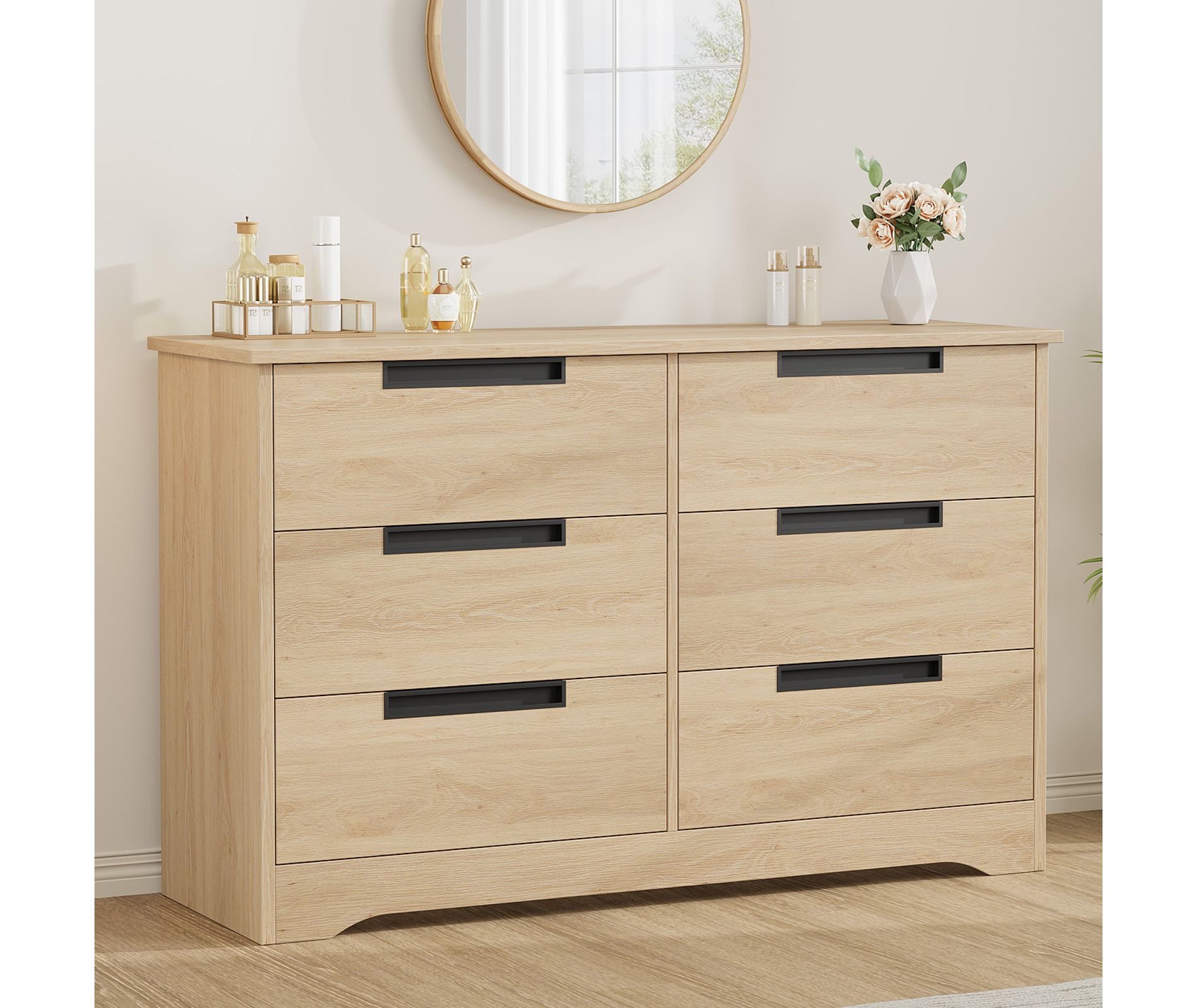 6 Drawer Dresser for Bedroom, Natural Double Dresser Organizer with Embedded Handles Design, Wooden Chest of Drawers for Living Room Nursery Hallway