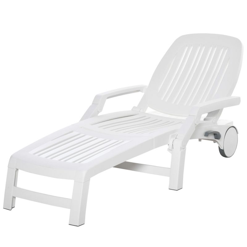 Outsunny Outdoor Chaise Lounge Chair on Wheels with Storage Box, Waterproof with Quick Assembly, Folding, 5 Level Adjustable Backrest for Pool, White, 4 of 7