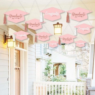 Big Dot of Happiness Hanging Rose Gold Grad - Outdoor Graduation Party Hanging Porch and Tree Yard Decorations - 10 Pieces