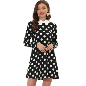 Allegra K Women's Contrast Collar Cat Face Printed Long Sleeve Swing Flare Mini Dress - 1 of 4
