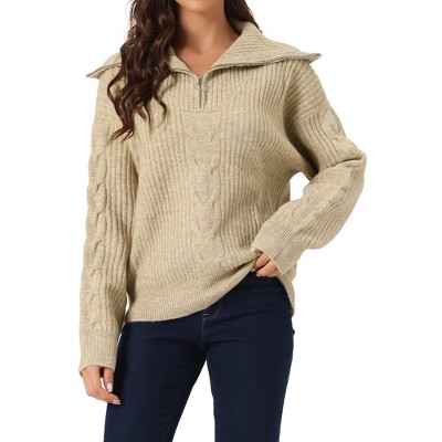 Seta T Women's Casual Long Sleeve Half Zip V Neck Collar Ribbed Knit Sweater