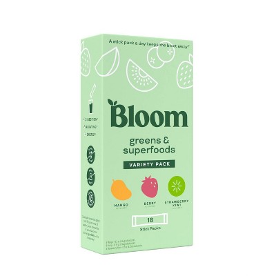 BLOOM NUTRITION Greens and Superfoods - Mango/Berry/Strawberry Kiwi - Variety Box - 18ct