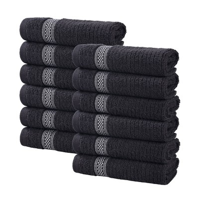Zero Twist Cotton Ribbed Modern Geometric Border Face Towel Washcloth Set 12 by Blue Nile Mills