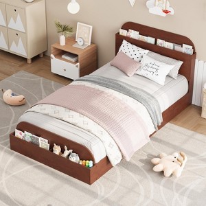 Wooden Bed Frame with Storage Headboard and Raised-Foodboard for Kid, Full-Floor Low Platform Bed for Bedroom, Sturdy Wooden Slats Support - 1 of 1