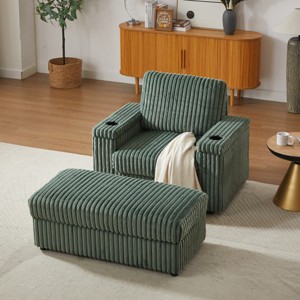 Corduroy Armchair with Storage Ottoman and Cup Holders, Wide Seat Lounge Chair with Footrest for Living Room-3irtyhousy - 1 of 4