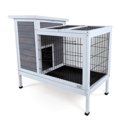 DOMETOUR Two-Tier Wooden  Rabbit Cage Outdoor Indoor for Small Animals with Runway and Leak-Proof Plastic Tray,Grey