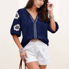 Anna-Kaci Women's Embroidered Short Sleeve Blouse with Floral Motif and Split V-Neck Detail for Casual Summer Style - 2 of 4