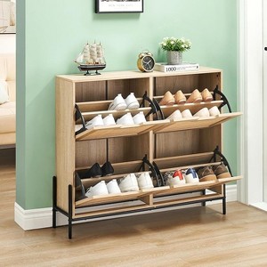 Woven Shoe Cabinet - 4-Door Rack with Adjustable Shelves, Rustic Entryway Organizer for Hallway - 1 of 2