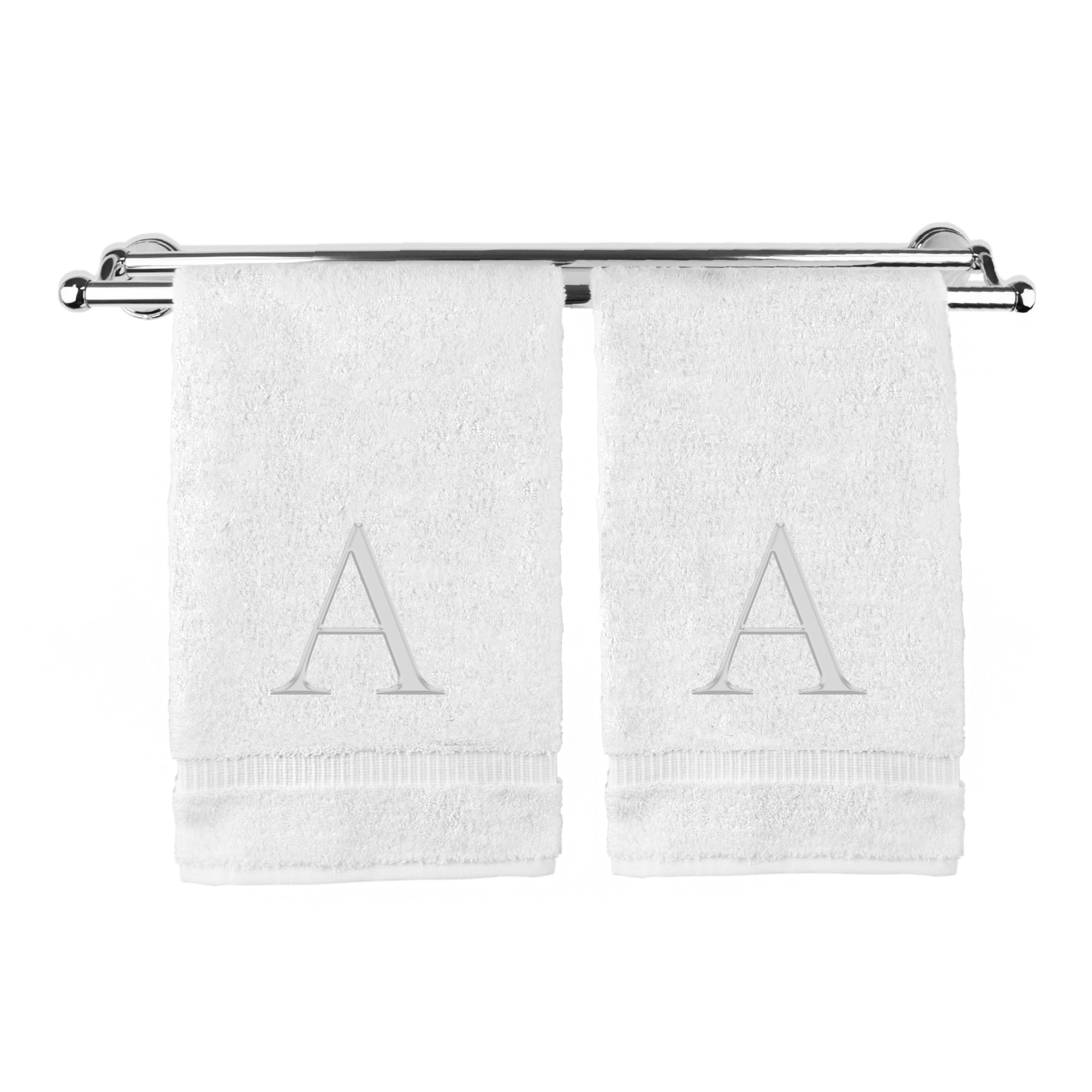 BC BARE COTTON Monogrammed Hand Towel, 100% Turkish Cotton - Set of 2 - White - Silver Block - A