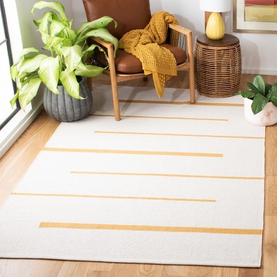 Ivory and Gold Handwoven Cotton Striped Area Rug, 5' x 8'