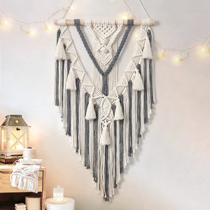 Aoibox Handmade Macrame Woven Wall Hanging with Geometric Design and Tassels, Bohemian Decor for Bedroom, Living Room, Nursery (Grey) - 1 of 4