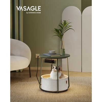 Round LED Side Table with USB Ports & Power Outlets, Fabric Storage Basket, Modern Nightstand for Home Decor
