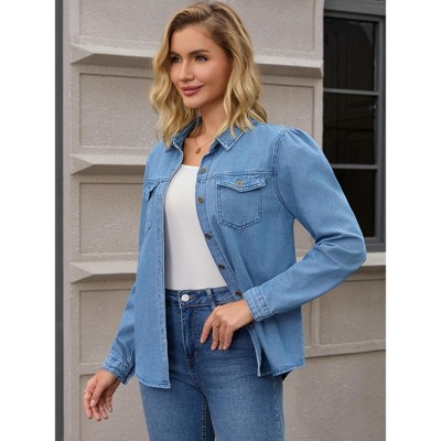 INSPIRE CHIC Women's Denim Puff Long Sleeve Button Down Jean Shirt Jacket Large Blue — фото 2