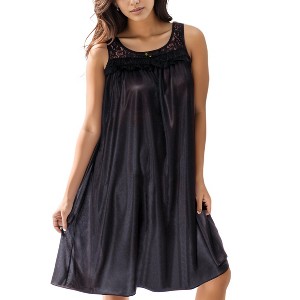 Yafemarte Women’s Silky Satin Feeling Sleeveless Nightgown with Lace and Ruffle Design - 1 of 4