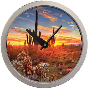 14.5" Southwest Cactus Sunset Contemporary Body Quartz Movement Decorative Wall Clock Silver - The Chicago Lighthouse