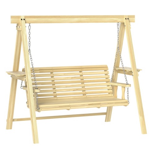 Outsunny 3 Seat Wooden Porch Swing with Stand, Patio Swing Chair with Side Tables, Natural Wood - image 1 of 4