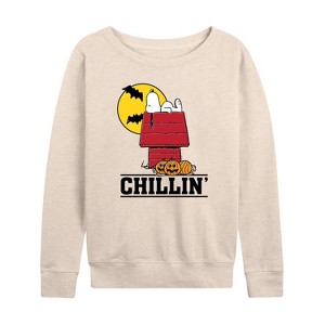 Women's - Peanuts - Snoopy Chillin Halloween Lightweight French Terry Wide Neck Long Sleeve Shirt - 1 of 4