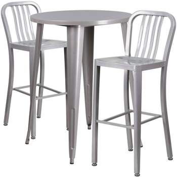 Flash Furniture Commercial Grade 30" Round Metal Indoor-Outdoor Bar Table Set with 2 Vertical Slat Back Stools