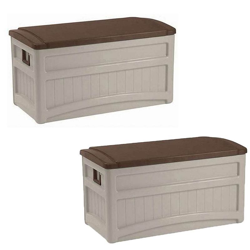 Suncast 73 Gallon Outdoor Patio Resin Deck Storage Box w/ Wheels, Taupe (2 Pack), 1 of 7