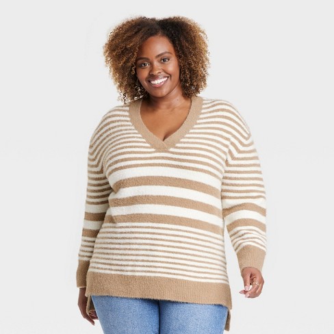 Women's Fuzzy V-Neck Tunic Pullover Sweater - Ava & Viv™ Tan Striped XXL