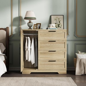 43.3" Small Wardrobe Closet with Door, 4 Drawers, Hanging Rod, Modern Wooden Clothes Cabinet for Bedroom or Laundry Room, Matte Black Handles - 1 of 4