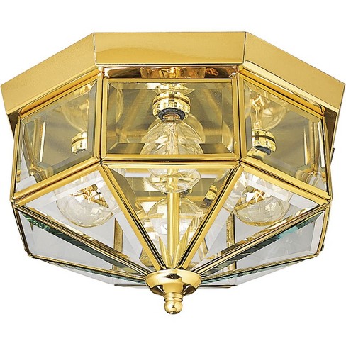 Progress Lighting P5789 4 Light Flush Mount Outdoor Ceiling Fixture With Beveled Glass Panels Polished Brass