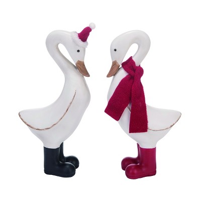 Transpac Resin 12 in. White Christmas Duck with Scarf  Set of 2