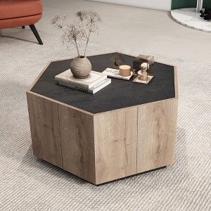 Hexagonal Industrial Coffee Table with Drawers – Rustic Wooden Cocktail Table for Living Room, Scratch-Resistant Top & Vintage Storage Design, Oak - 1 of 4