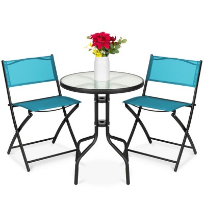 Peacock Blue 3-Piece Patio Bistro Set with Glass Tabletop