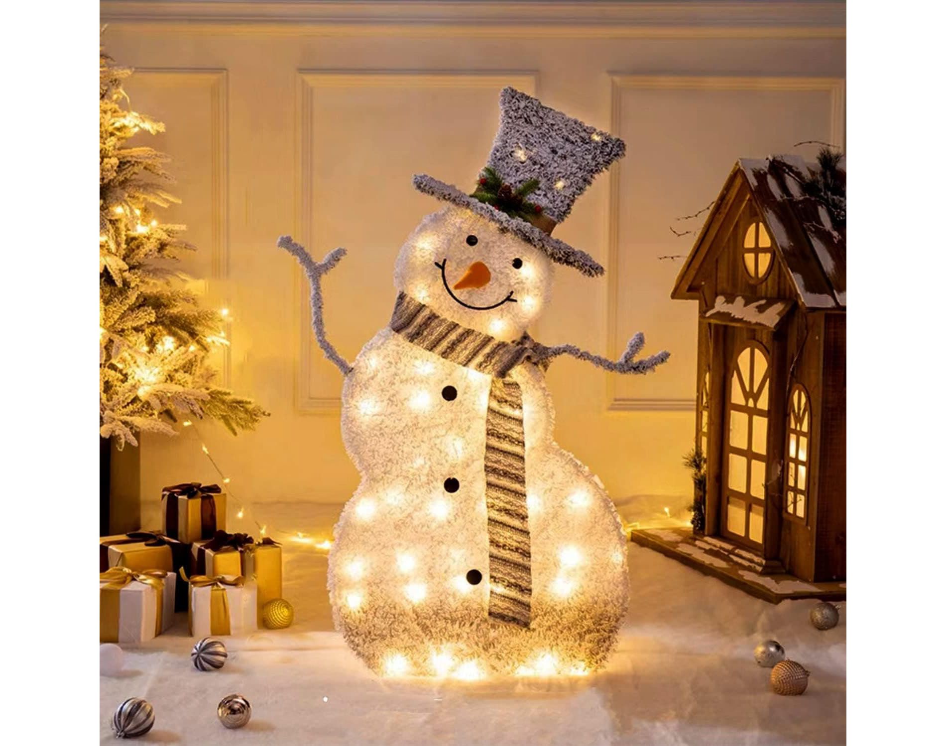 Angel Sar LED Lighted Snowman Decoration, 31 Warm White Lights, Battery Operated, Collapsible Design for Indoor Outdoor Christmas Decor, 32 Inches