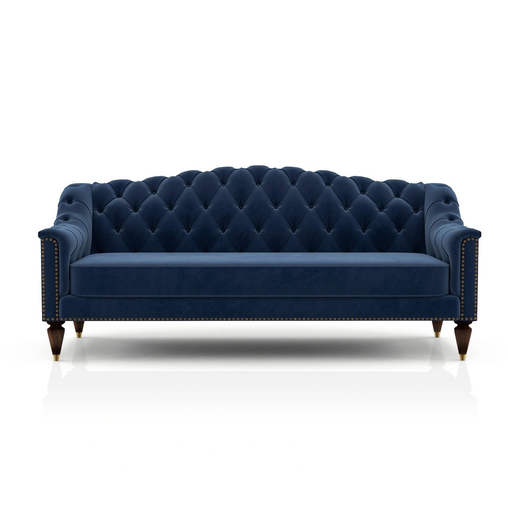 Fawne Camelback Sofa Blue - Furniture Of America: Upholstered Settee, Nailhead Trim, Wood Legs