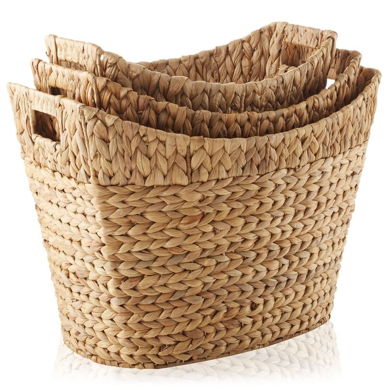 Casafield Set of 3 Water Hyacinth Oval Baskets with Handles, Woven Storage Totes for Blankets, Laundry, Bathroom, Bedroom, Living Room, 3 of 8