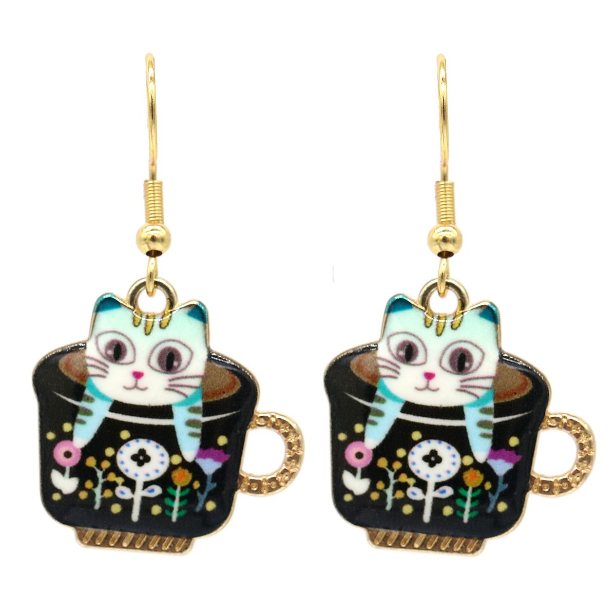 14K Gold Kitten in a Mug Hook Earrings