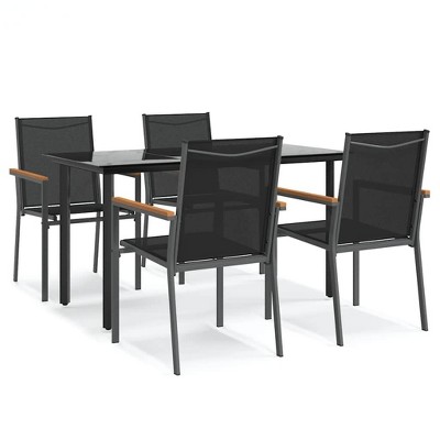 vidaXL 5-Piece Patio Dining Set-Black Textilene and Steel Frame-Outdoor Furniture with Tempered Glass Tabletop and Comfortable Seating