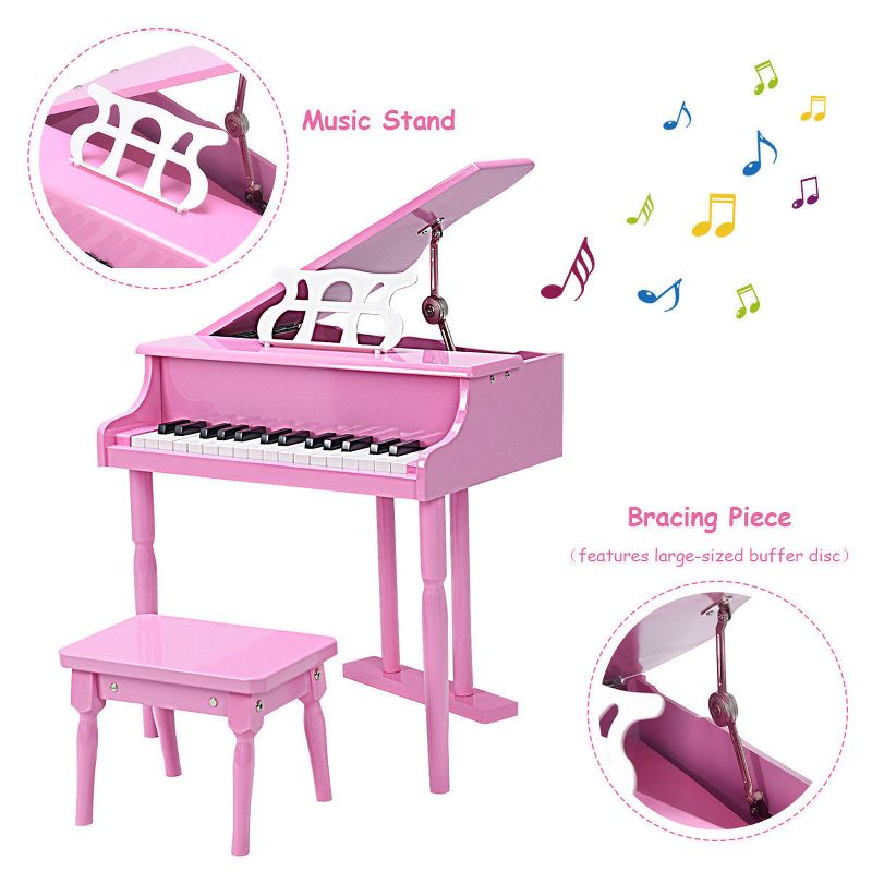 Costway Children 30 Key Toy Grand Baby Piano with Kids Bench Wood Pink, 4 of 10