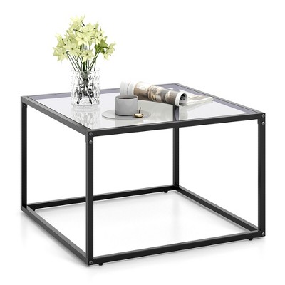 Tangkula Glass Coffee Table 27.5 Inch Modern Square Metal Frame Living Room Transparent