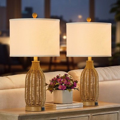 Maxax Set of 2 Rattan Table Lamps for Living Room, 24.5" Boho Bedside Lamps with A+C USB Charging Ports for Nightstand