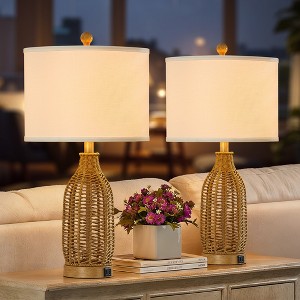 Maxax Set of 2 Rattan Table Lamps for Living Room, 24.5" Boho Bedside Lamps with A+C USB Charging Ports for Nightstand - 1 of 4