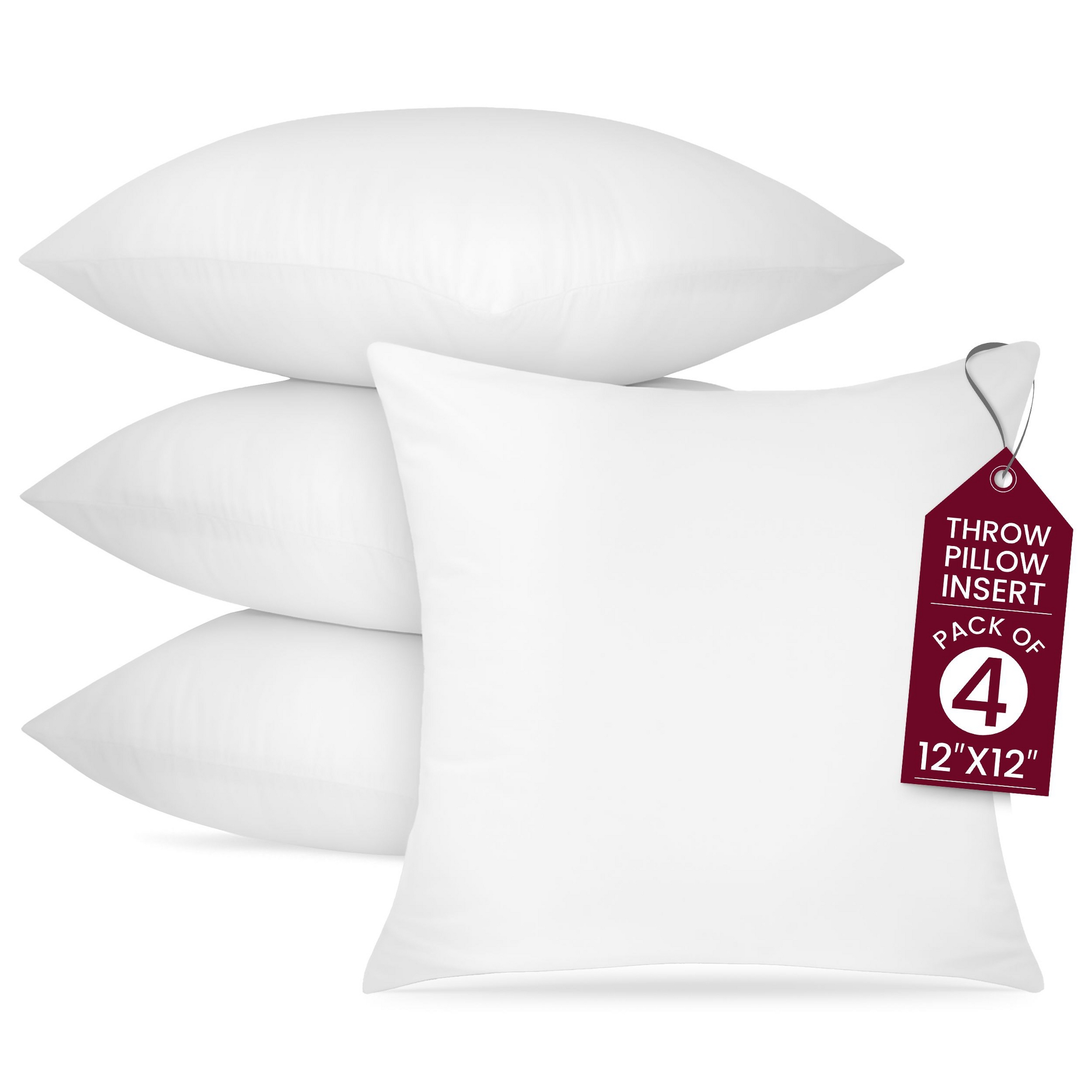 Set Of 4 White Throw Pillows Soft & Comfortable Square Pillow Insert - 12x12