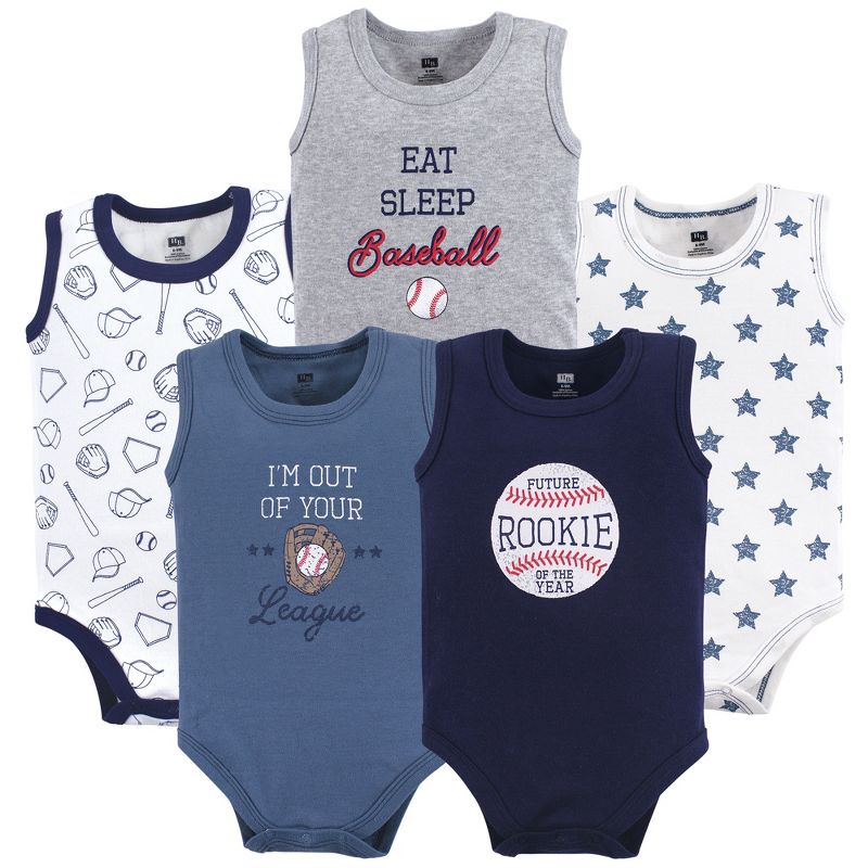 Hudson Baby Infant Boy Cotton Sleeveless Bodysuits 5pk, Baseball, 1 of 3