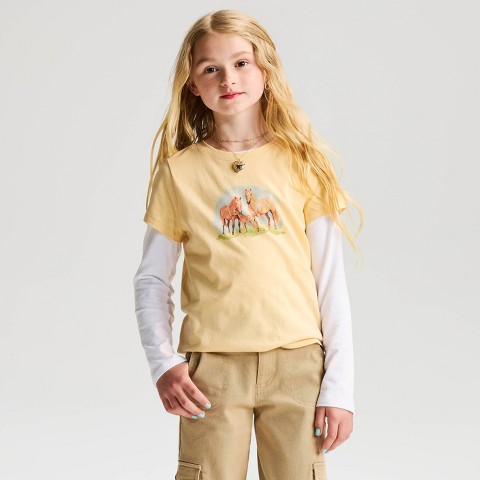 Cat & Jack Girls' Short Sleeve 100% Cotton 'Horse Family' Graphic T-Shirt - Cat & Jack™ Gold L