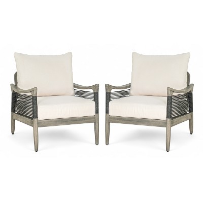 Christopher Knight Home Amos Outdoor Woven Rope Acacia Wood Club Chair with Thick Cushion (Set of 2)