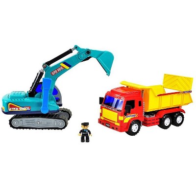 Big Daddy - Medium Sized Heavy Duty Red & Yellow Dump Truck with 360 degree turning Excavator the Construction Toy Set - Combo Set