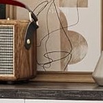 white roman column + warm white cabinet + dark gray shelf + back panel