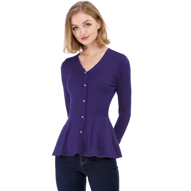 Allegra K Women's Slim Fit V-Neck Long Sleeve Ribbed Knitted Peplum Top, 1 of 8